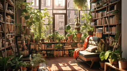 Canvas Print - Interior of a cozy room with bookshelves and plants, A cluttered urban apartment filled with books and plants, AI Generated