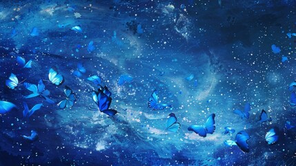 Wall Mural - minimalist starry night in a completely blue and vibrant universe with blue butterflies