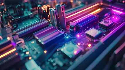 Canvas Print - Electronic circuit board close-up. Motherboard digital chip, A computer motherboard with bright, colorful connections, AI Generated