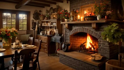 Sticker - interior of a country house with a fireplace and wooden furniture, A cozy country kitchen with a warm, inviting fireplace, AI Generated