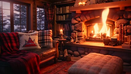 Canvas Print - Cozy living room with fireplace, armchair and plaid, A cozy winter cabin interior with a roaring fireplace and flannel blankets, AI Generated