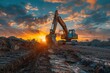 Large Industrial Excavator Digging Trench on Construction Site During Beautiful Sunset