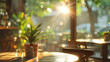 Golden morning light caresses a serene cafe setting with a touch of greenery
