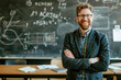 © Slepitssskaya - A smiling teacher with glasses in front of a chalkboard filled with diagrams
