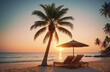 magnificent sunset on a tropical beach with palm trees and sunbed, sun umbrella
