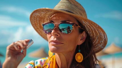 Wall Mural - Woman in Hat and Sunglasses on Beach