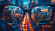 Urban skyline seen through the clarity of eyeglasses revealing city lights