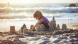 a child building intricate sandcastles on a sunny beach,generative ai