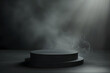Abstract black background with empty round podium for product presentation mockup, stone pedestal on dark floor. Simple scene for advertising design display showcase