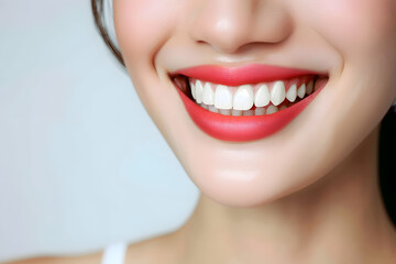 A close-up shot of the lower portion of a woman's Charming smile with white teeth for dental service promotions