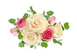 Fototapeta Panele - Pink and white rose flowers with eucalyptus leaves in floral arrangement isolated on white or transparent background