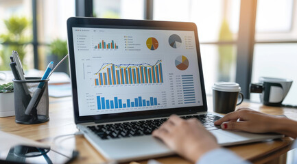 Wall Mural - A business professional is looking at graphs and charts on their laptop, showing the positive impact of digital marketing services in enhancing sales