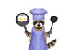 Raccoon with a chef's suit standing with scrambled eggs in a frying pan and a kitchen spatula isolated on a white background