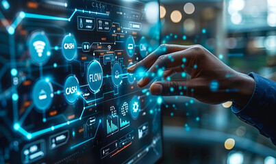 Business Professional Interacting with a Cash Flow Management Concept on a Digital Interface with Financial Icons