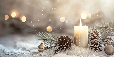  A lit candle in the center, surrounded by pine cones and Christmas ornaments