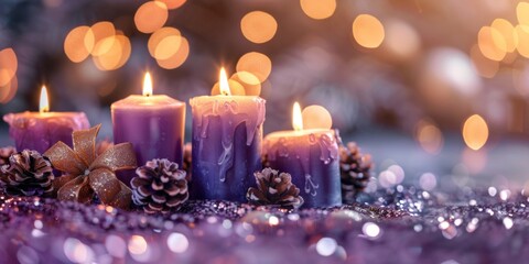 Wall Mural - A group of lit purple candles surrounded by pine cones on a table