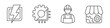 Collection of icon on topic electrical engineering in black and white colors. Set including lightning, chip and gear, handyman, parts store.