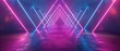 A colorful abstract fashion background with a blue pink neon triangular portal, glowing lines, tunnels, corridors, virtual reality, violet neon lights, a triangle, arch, vibrant colors, and a laser