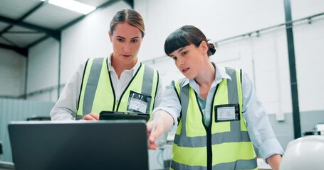 Wall Mural - Tablet, computer and team of women engineers with research for maintenance, repairs or building project. Laptop, digital technology and female industrial employees in discussion on site office.