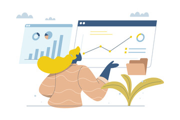 Analyze and verify, Business data analysis and monitoring, Statistics tracking management, Online communication, Businesswoman checking big data on dashboard or website page, Vector illustration.