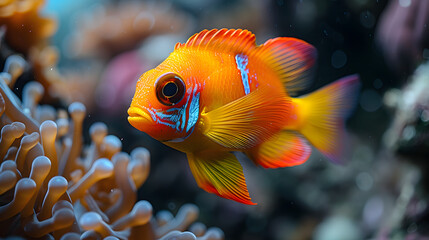 Vibrant orange fish swimming near coral. Underwater marine life portrait. Ocean ecosystem concept for design and print. Macro shot with copy space