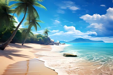 Wall Mural - Tropical landscape of coast beautiful sea shore beach on good sunny day flat vector illustration