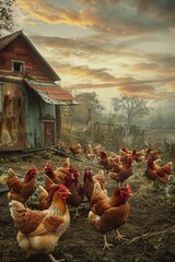 A harmonious blend of nature and agriculture, this image celebrates the life of free-range egg-laying chickens in both pastoral fields and a structured commercial coop