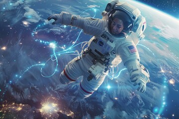  Female astronaut floating in space.