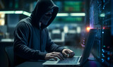 Fototapeta Konie - Male criminal wearing mask and hood to hack computer system, breaking into company servers to steal big data