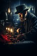 © Vit - A man in a top hat is seen focusing on a piece of metal, possibly shaping or crafting it. His hands are engaged in the work, with tools and equipment surrounding him
