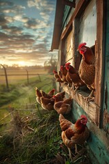 A harmonious blend of nature and agriculture, this image celebrates the life of free-range egg-laying chickens in both pastoral fields and a structured commercial coop