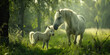 A white horse and its baby, seen from the side in green grassland