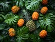 Top view of fresh pineapple with tropical monstera leaves