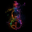 A vibrant, neon illustration of an abstract violin with musical notes on a dark background.