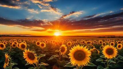 Canvas Print - Beautiful sunset over big golden sunflower field in the countryside