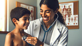 Fototapeta Most - A compassionate Hispanic female doctor attentively listens to the heartbeat of a young boy using a stethoscope during a thorough medical examination in a clinic setting