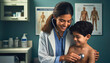 A compassionate Hispanic female doctor attentively listens to the heartbeat of a young boy using a stethoscope during a thorough medical examination in a clinic setting