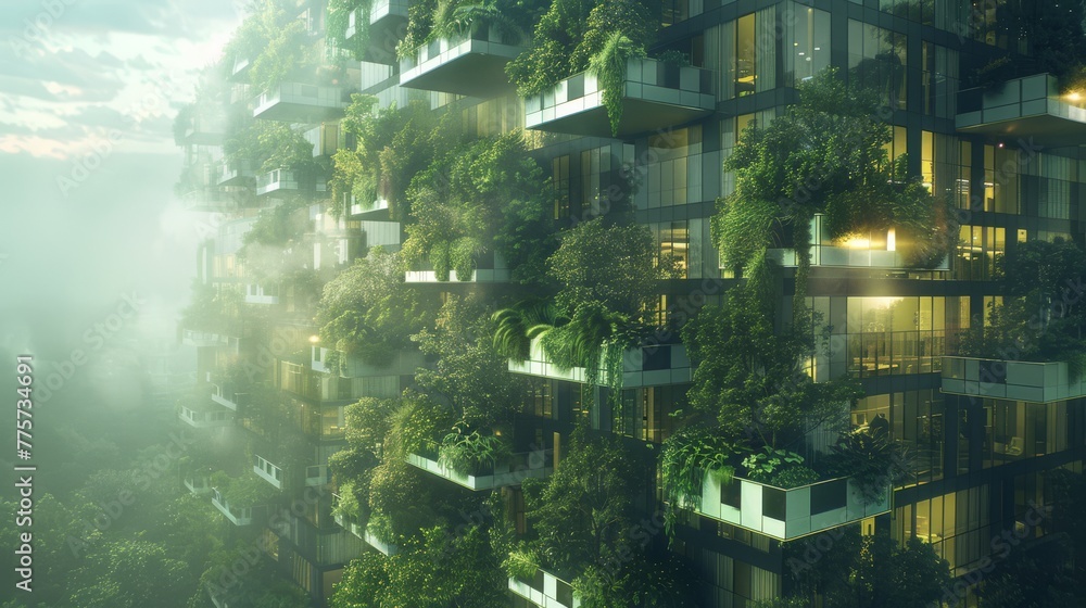 A vertical garden concept for urban housing, with a forest surrounding ...