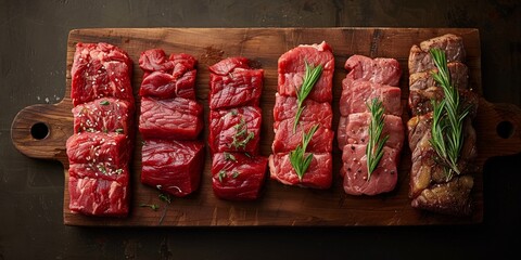 Wall Mural - A juicy raw beef steak on a wooden board, ready for cooking with seasoning and rosemary