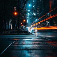 Nighttime view of a lit-up city street, with headlights and streetlights blurring into lines of light as cars speed by