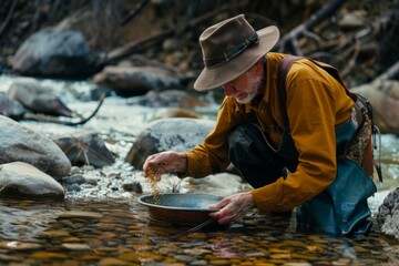 Wall Mural - Gold Panning Enthusiast Sifting Through River Sediment, Hoping to Discover Flakes of Precious Metal, Generative AI