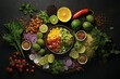 A variety of global vegan dishes spread out on a table, showcasing different textures, colors, and flavors. Generative AI