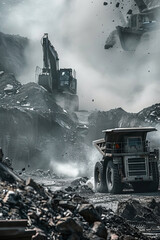 Wall Mural - Group of Miners Operating Heavy Machinery in a Surface Mining Operation, With Dust and Debris Filling The Air, Generative AI