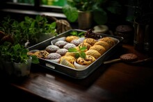 A Tray Filled With Homemade Vegan Cookies Placed On Top Of A Wooden Table. Generative AI