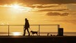 Silhouette of a peaceful walk at golden hour, with a man and his dog on the pier against a stunning sunset backdrop.