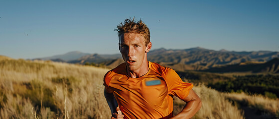 Wall Mural - Close-up macro portrait of long distance ultra marathon trail running athlete, running on an outdoor trail. Man isolated against trail background. Bright clear day, juxtaposition of light and shadow