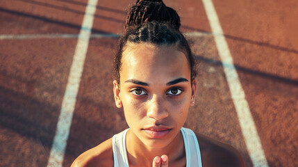 Wall Mural - Aerial drone portrait of young woman running athlete training on an athletics track. Woman isolated against track background. Bright clear day, juxtaposition of light and shadow