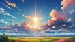 Anime fantasy wallpaper background concept : Dramatic orange and red light fills the sky with clouds as the sun sets over a beautiful landscape, generative ai