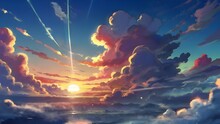 Anime Fantasy Wallpaper Background Concept : Fiery Orange And Red Clouds Burn Across The Evening Sky At Sunset Over The Sea, Generative Ai