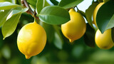 Fototapeta  - Yellow citrus lemon fruit and green leaves in garden. Citrus Limon grows on a tree branch, close up. Decorative citrus lemon house plant Meyer lemon Citrus × meyeri